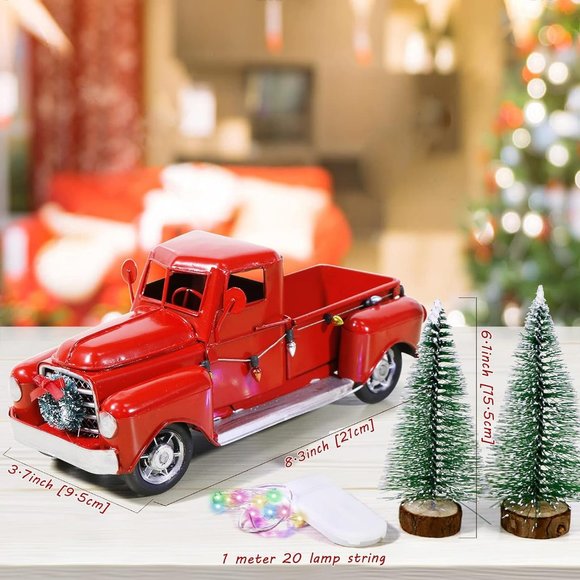 Red LED String Lights Vintage Metal Truck with Mini Christmas Trees Decorations - Picture 2 of 6